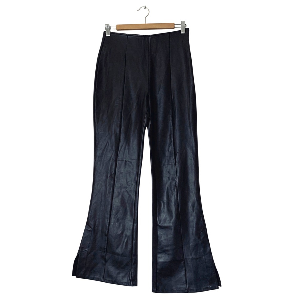 NWT Abercrombie Fitch Vegan Leather Pants Women M Short Black Flare Slit Rocker